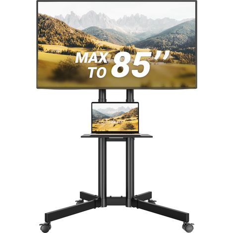 Support TV sur Pied avec Roulettes, Pied TV Inclinable et Réglable en Hauteur 32-85 Pouces avec Étagère, Charge Max 55 kg, VESA 600x400 mm, Support Télévision Mobile pour Salon, Bureau, École