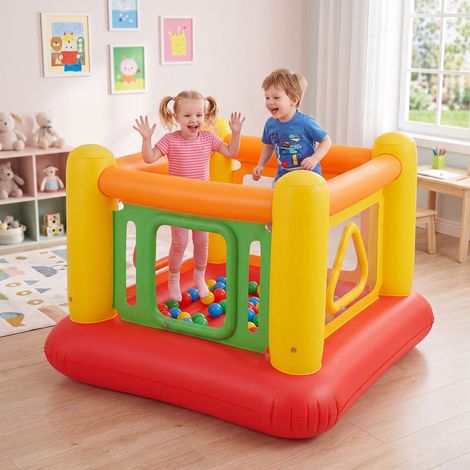 Château gonflable rouge 3-en-1 pour enfant avec piscine à balles, trampoline et parois transparentes pour maison et jardin (1/5)