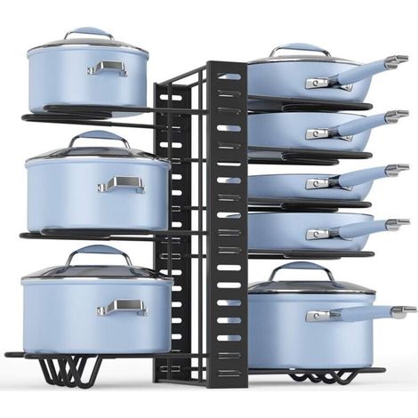 Organisateur de casseroles et poêles, étagère à ustensiles de cuisine à 8 niveaux, noir