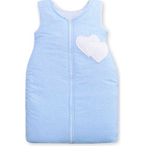 Sacco a pelo in cotone per bambini, taglia M 6-12 mesi, TOG 2.5, isolante per tutte le stagioni, con cuoricini e pois su sfondo blu. (1/4)