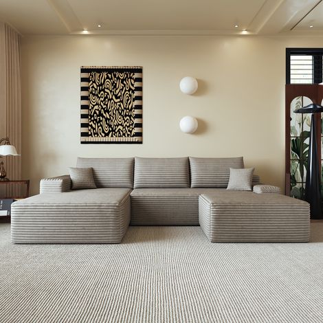 Canapé d'angle gauche modulaire avec pouf amovible en velours côtelé,Compressé sans assemblage,Design moderne,270x175x83cm,Kaki (1/5)