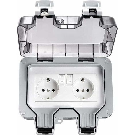 Prises étanches Extérieures, Double Prise Extérieure électrique IP66, Prises Murales étanches à 2 Groupes avec Couvercles, pour intérieur et extérieur, Garage, Piscine, Jardin. (1/5)