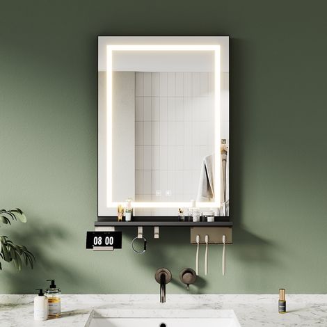 SONNI Badspiegel mit LED Beleuchtung Ablage, Antibeschlag, 3-Farben Beleuchtung und Einstellbare Helligkeit, 500×700, 4-Seitige Lichtleiste