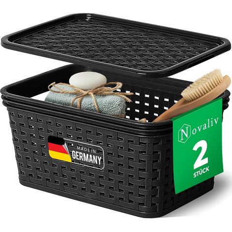 Novaliv lot de 2 paniers de rangement élégants avec couvercles aspect rotin Plastique alimentaire noir 1L Idéal pour le rangement de la salle de