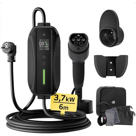 Type 2 Electric Car Charger 3.7kW 6m with LCD Display  IP66, Type 2 Electric Car Charging Cable, Adjustable 6-16A, Delayed Charge 0.5-8h, RCD Type A 30mA AC + 6mA DC (1/5)