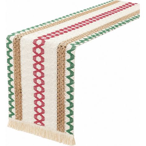 Chemin de table rétro à rayures japonaises, nappe en coton et lin tissée, motif Noël, 30 cm de large (la largeur dépend de la couleur) x longueur 160 cm (pompons inclus) - Croix de Noël rouge et verte (1/5)