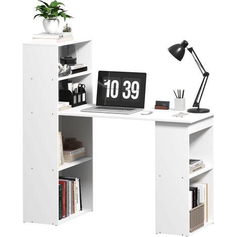 Bureau d'ordinateur moderne blanc avec 2 étagères 5 niveaux 120x55x120 cm pour un espace de travail fonctionnel et élégant (1/5)