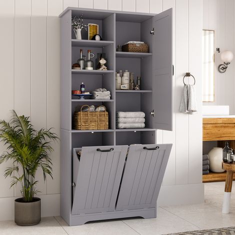 Armario de baño (78x35x172.7 cm), con doble cesto de ropa, estantes regulables, MDF, gris (1/5)