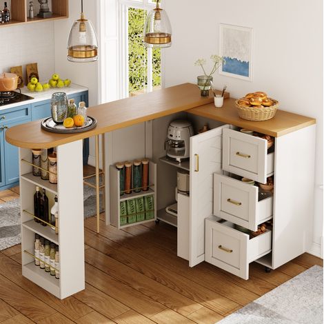 Carro bar extensible de MDF blanco y metal, encimera efecto madera, 135-228x39x104 cm con ruedas (1/5)