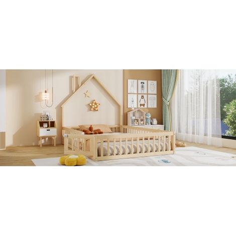 Hausbett, Kinderbett mit Schornsteinform, Bett mit Lattenrost (ohne Matratze), Kiefernholz, Minimalistischer Stil, Grau