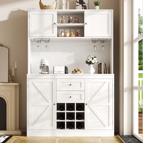 Buffet de cuisine avec étagères réglables et porte-bouteilles, 4 portes 2 tiroirs, blanc (1/5)