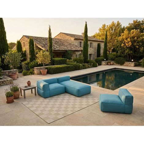 BOBOCHIC - Canapé de jardin modulable GIULIA avec bâche de protection, 1 chauffeuse 1 place, 1 angle et 1 méridienne Bleu clair (1/5)