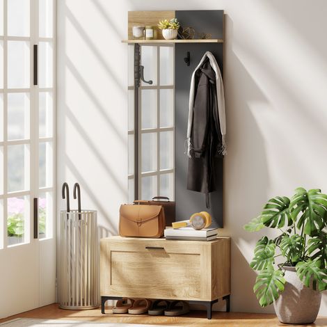 Ensemble Entrée Armoire Banc 3 Crochets Miroir Étagère Bois Naturel Gris 60x13.5x127.5cm Banc 68x35x43cm Charge 95kg (1/5)