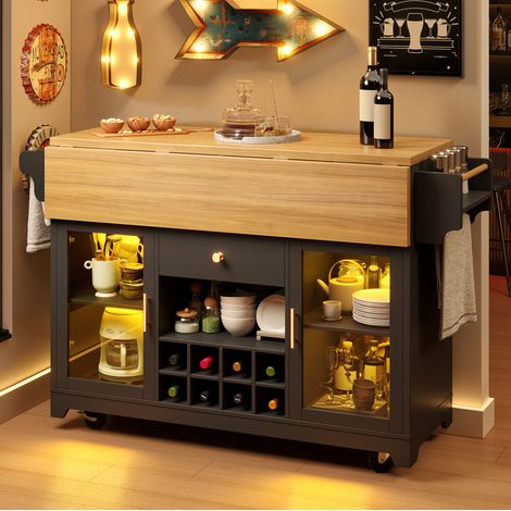 Desserte de cuisine 143x80x95 cm MDF métal noire, plateaux rabattables gain de place – MEUBLIV (1/5)