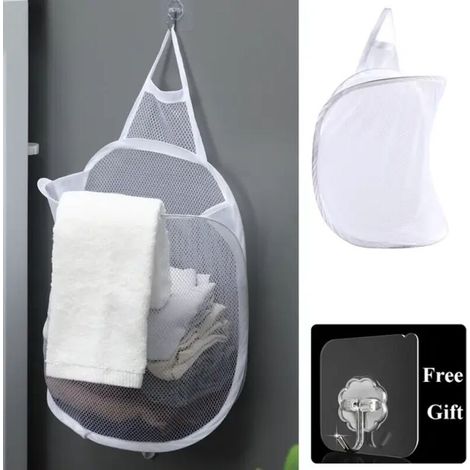 Panier à linge pliant organisateur pour vêtements sales salle de bain vêtements maille sac de rangement ménage tenture murale panier cadre seau blanc (1/4)