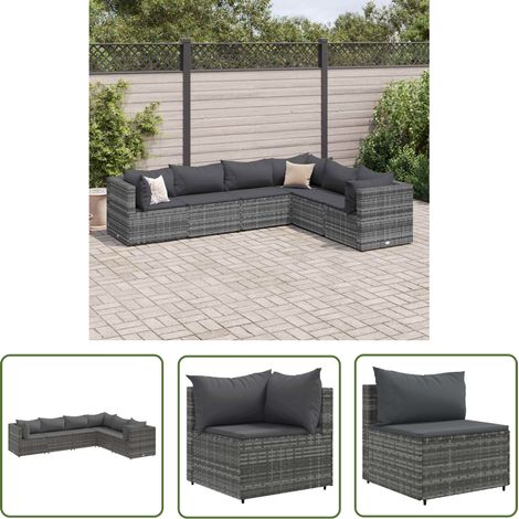The Living Store 6-tlg. Garten-Lounge-Set mit Kissen Grau Poly Rattan - Gartenmöbel - Lounge Set - Outdoor Möbel - Rattan Gartenmöbel - Gartenloungeset