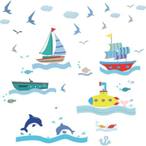 Ein Set Wandaufkleber mit Meeresmotiven, die ein Boot und einen Wal zeigen, zur Dekoration von Schlafzimmer, Wohnzimmer oder anderen Wohnräumen. (1/5)