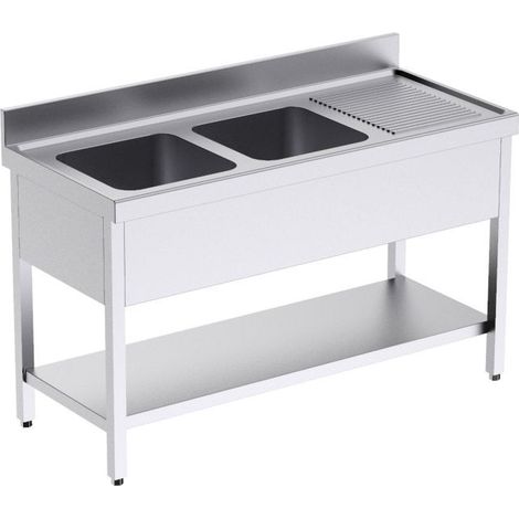 Plonge Inox avec Double Evier et Etagère L 1400 x P 550 mm - Distform