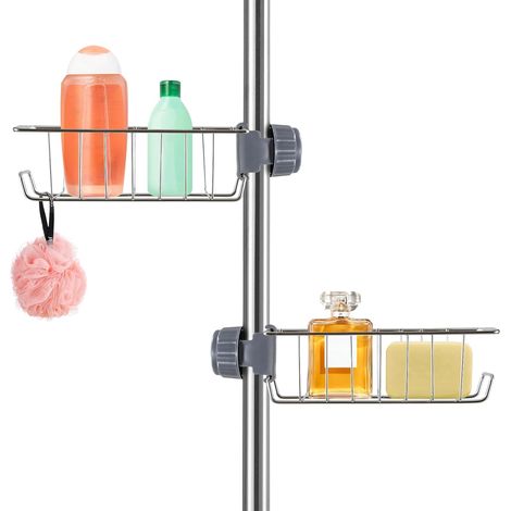 2 Étagère de douche, Acier inoxydable, Sans perçage, Réglable, Barre 18-25mm, Salle de bain (1/5)