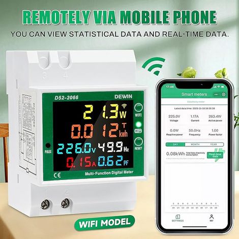 DEWIN Compteur électrique WiFi monophasé, 6 en 1 Compteur électrique numérique monophasé Compteur d'énergie électrique Wifi Tuya AC40  300 V 100 A Voltmètre Ampèremètre Rail Din (1/2)