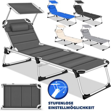 tillvex® Sonnenliege mit Dach und Kopfkissen Anthrazit - Basic Polsterung Gartenliege Liegestuhl klappbar Strandliege mit verstellbarer Rückenlehne, gepolsterte Liegefläche Aluminium Liege (1/5)