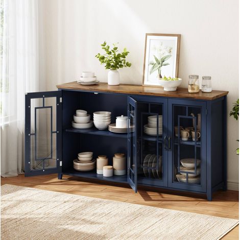 Credenza da cucina 160 cm con ante in vetro, piano effetto legno, MDF blu OKMYHOME (1/5)