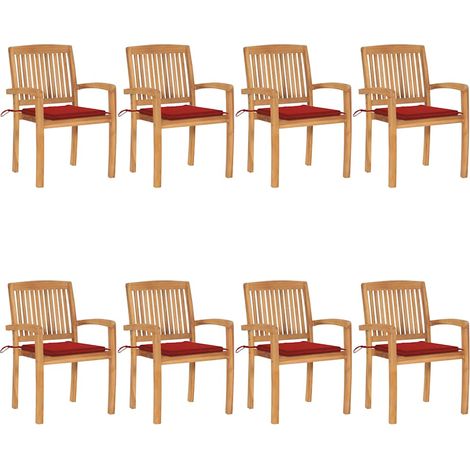 Chaises de jardin empilables avec coussins lot de 8 Teck solide (1/5)
