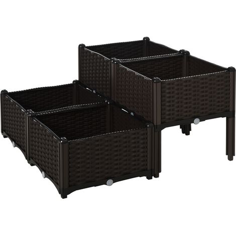 Outsunny – Jardinière sur pieds 2 étages – Carré potager en plastique PP imitation rotin chocolat – Inserts d'irrigation inclus – Dimensions 80x80x44cm