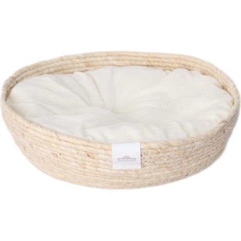 1 - Lit Pour Chat - Panier En Feuilles De Maïs - Coussin Réversible Peluche Et Maille - Repos Surélevé Pour Animal Domestique - Blanc Beige - 45x13 Cm (1/5)
