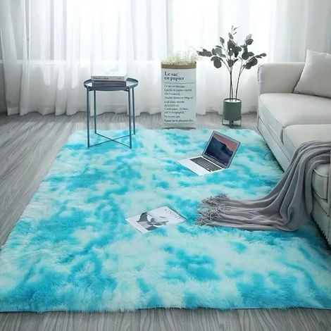 Tapis moelleux pour chambre à coucher, (200 x 300 cm) - Tapis moelleux, table de chevet, salon, chambre d'enfant, bleu Tie-dye (1/5)