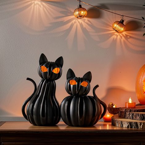Statue Chat Halloween - Résine Noire avec Lumières LED - Décoration Intérieure et Extérieure - Lot de 2 Figurines Haute et Basse (1/5)