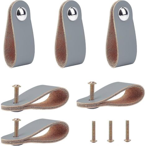 Lot de 6 poignées de tiroir en cuir gris, avec vis, pour armoire, commode, placard et penderie. (1/5)