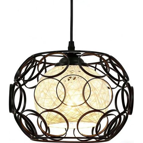 Black Industrial Hanging Chandelier, Vintage Pendant Lamp with Metal Cage and Natural Fibre Lampshade, E27 Socket, Modern Chandelier for Living Room, Dining Room, Kitchen, Hallway, Diameter 24 cm (1/5)