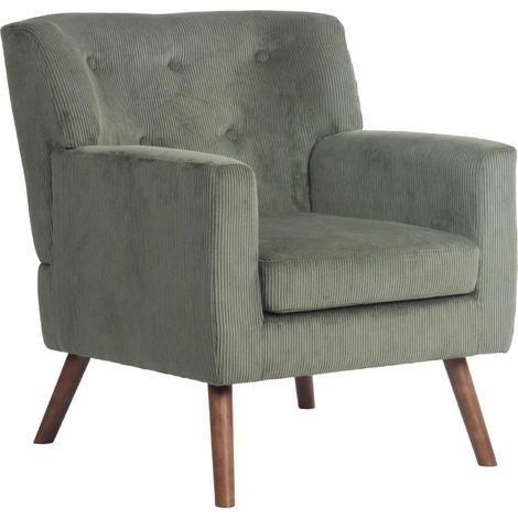 Fauteuil élégant en velours côtelé vert avec dossier à boutons capitonnés pieds en bois 100008241