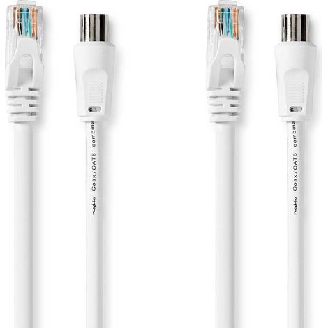 Cable combinado coaxial y Cat6  IEC (coaxial) macho / RJ45 macho  IEC (Coaxial) Hembra / RJ45 macho  Niquelado  RG58  75 ohmios  Doble blindaje  1,50 metros  Redondo  PVC  Blanco  Etiqueta