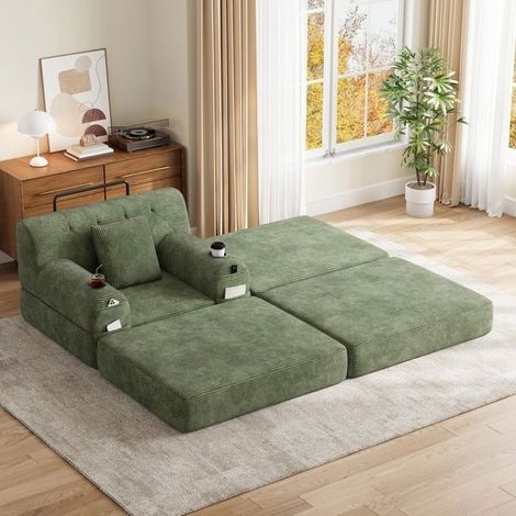 Banquette-lit - SOGEU - Canapé Composable - Velours côtelé vert - 1 place convertible avec pouf - Poches latérales & porte-gobelets (1/5)