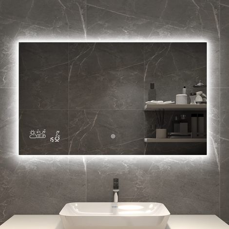 byecold LED Badspiegel Antibeschlag 100x60CM, Beschlagfreier Badezimmerspiegel mit Touchschalter, Wandspiegel Lichtspiegel mit Datum, Smart Mirror & integrierter Wetterstation, Horizontal (1/5)