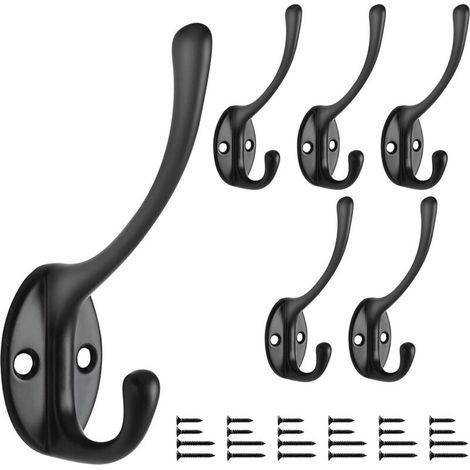 Pcs Coat Hooks, Wall-Mounted Clothes Hooks, Antique Hat Hooks, Sturdy Double Coat Hooks with 12 Screws for Bathroom, Kitchen, Bedroom, Hallway (Black) (1/5)