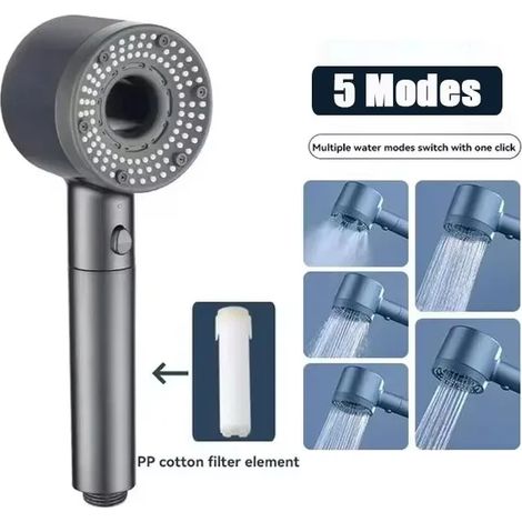 (Grey-a) Pommeau de douche spa massant 5 modes avec filtre, haute pression, économie d'eau, arrêt d'eau en une seule touche, douchette de salle de bain (1/5)