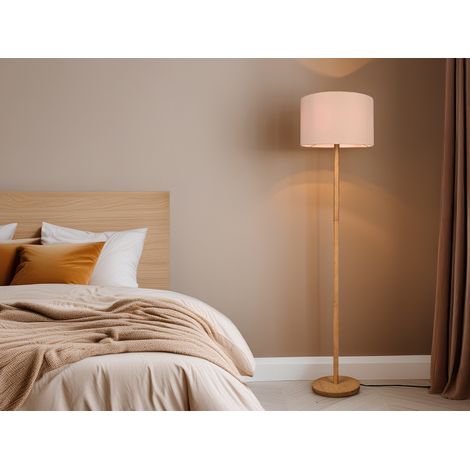 LED Stehlampe mit Stoff Lampenschirm Weiß & Holz Fuß Höhe 162cm (1/5)