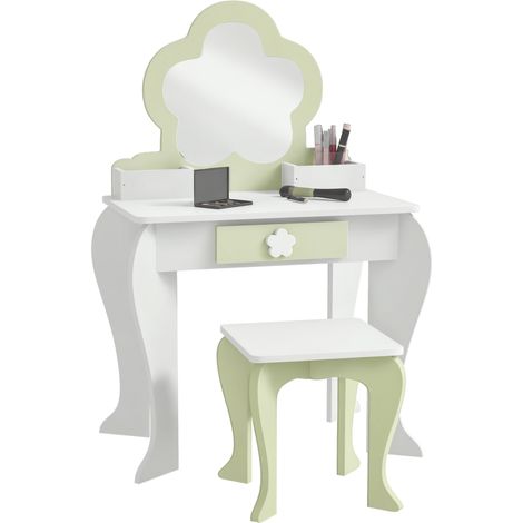 Coiffeuse pour fille avec miroir et tabouret. meuble de maquillage avec 2 boîtes et 1 tiroir. 55 x 34 x 87.5 cm. blanc et vert pastel (1/5)