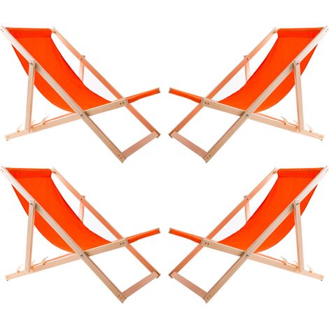 4x Holz-Liegestuhl mit orangefarbenem Stoff (1/4)