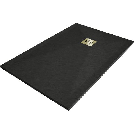 Mexen Stone+ plato de ducha rectangular de compuesto 90 x 80 cm, negro, tapa dorada - 44708090-G (1/5)