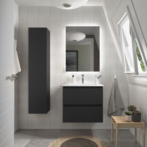 Cygnus Bath – Meuble bas de salle de bain 70cm noir mat – Vasque en porcelaine blanche – Tiroirs à fermeture amortie – MDF résistant à l'humidité (1/5)