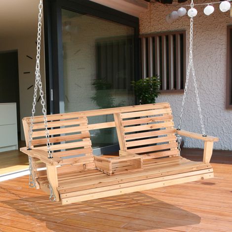 Banco Colgante de Madera con Mesa de Centro Plegable 2 Portavasos y Reposabrazos Carga 200 kg 150x75x53 cm Natural (1/5)