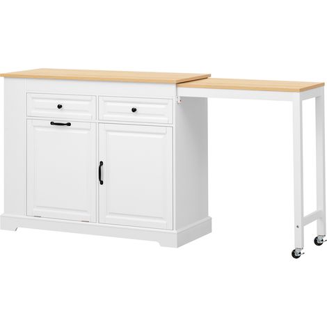 CHICFURN Isla de cocina con ruedas extensible, mueble auxiliar de cocina con encimera extraíble, cajones, estante para especias y compartimento para basura, blanco y madera clara (1/5)