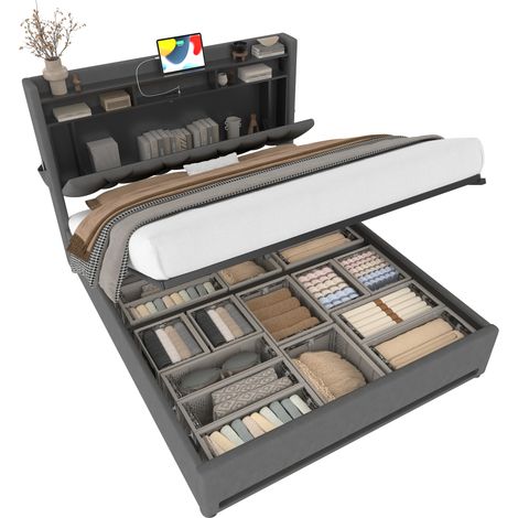 Lit coffre 140x200 cm en velours gris foncé avec tête de lit rangement, LED, ports USB et Type-C, sommier relevable à gaz, CHICFURN (1/5)