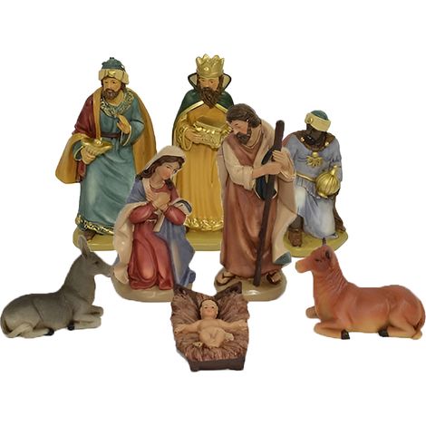Statuine per Presepe Natività Completa 8 Pezzi Altezza Max 11 cm Sacra Famiglia con Giuseppe maria bambinello gesu' in culla bue asinello Re magi