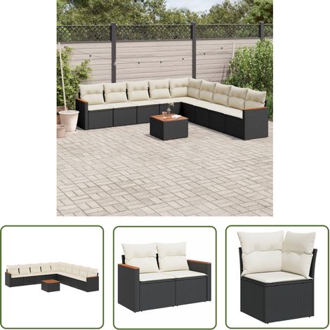 The Living Store Salon de jardin 10 pcs avec coussins noir résine tressée - Ensemble Salon De Jardin - Mobilier Extérieur - Jardin Design - Chaise Lounge - Table Basse (1/5)