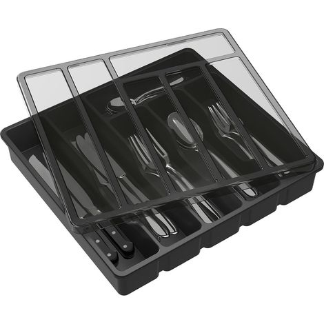 Bandeja para cubiertos con tapa para cajón, caja de almacenamiento de cubiertos de cocina, organizador de cubiertos de plástico, para cucharas, tenedores y cuchillos, 6 compartimentos, negro (1/5)